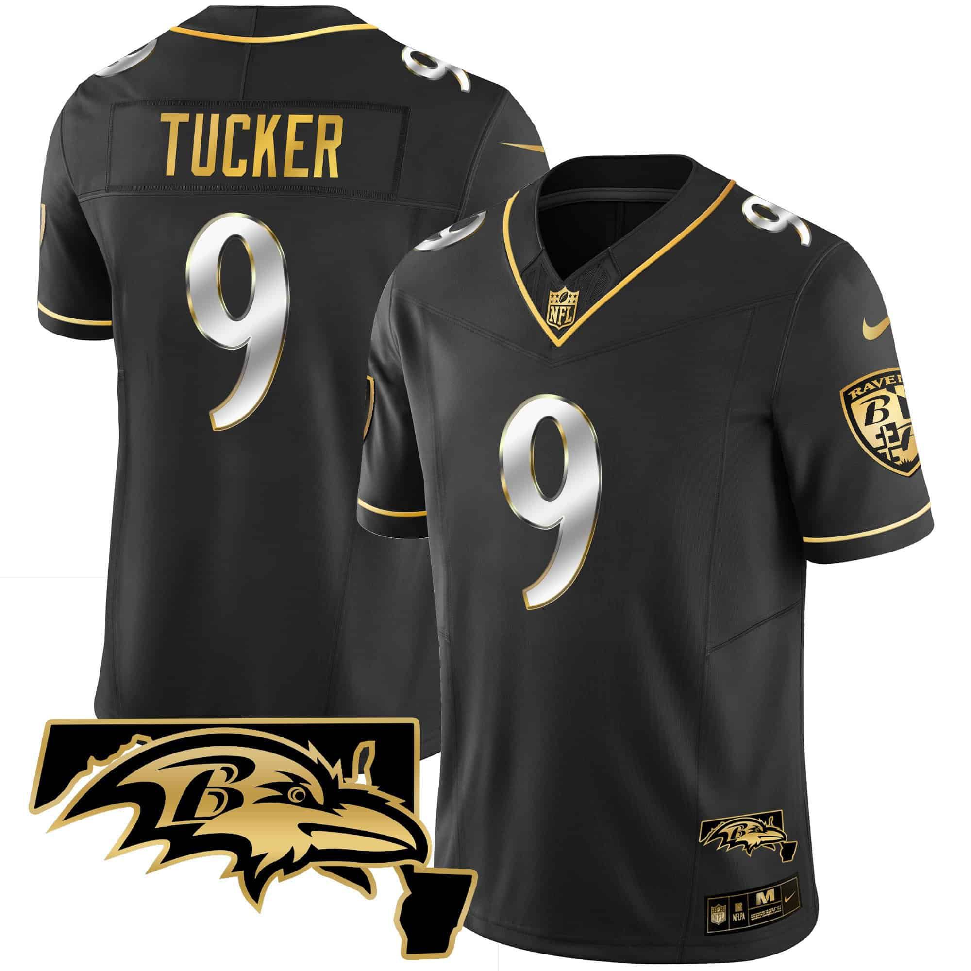 Men Baltimore Ravens #9 Tucker Black Gold 2024 Nike Maryland Patch Vapor Limited NFL Jersey style 1
